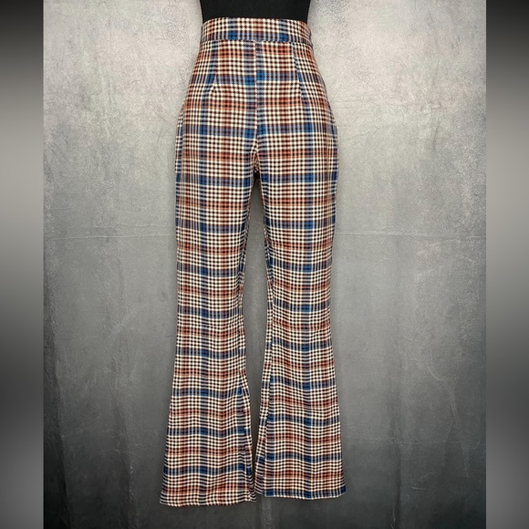 Pants - Burnt orange blue and beige gingham plaid trouser with side zipper